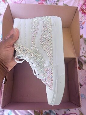 Vans White High-Top Sneakers with Iridescent Rhinestones